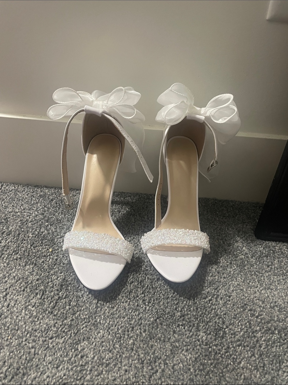 Women's White Beaded Ankle-Strap Heels with Bow Accent